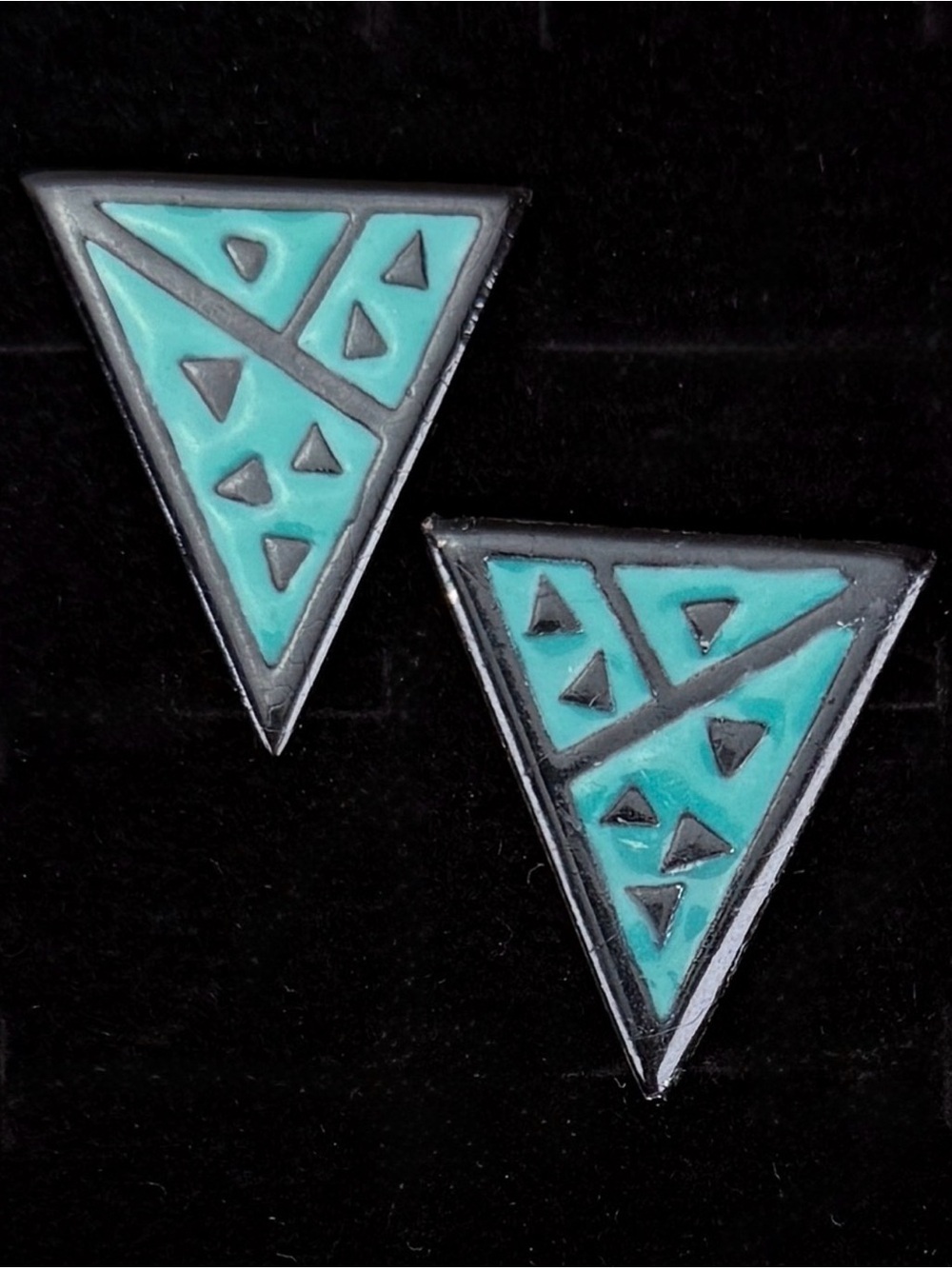 Vintage Black and Teel Green Triangle lightweight Retro Pierced Earrings